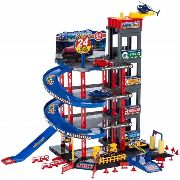 Garaj de parcare Norimpex, 4 niveluri, set cu 4 masinute metalice si elicopter, 44x48x34cm