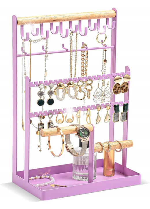 Suport bijuterii Springos, 6 niveluri, 15 carlige, violet, 20x12x34cm
