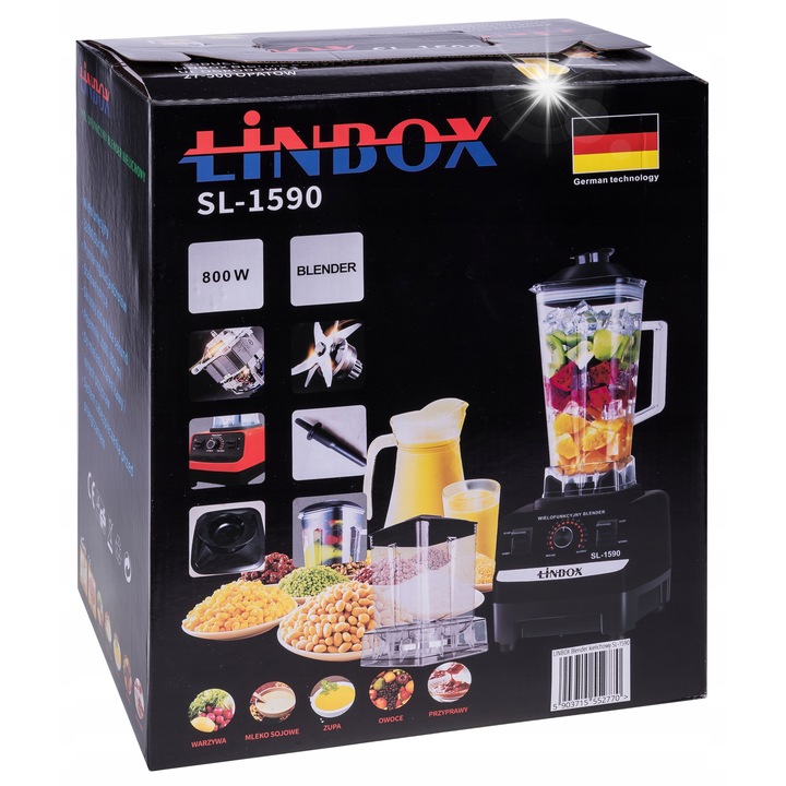 Blender multifunctional Linbox, 3800W, 2 kielichi 2L si 0.6L, rosu, 490x210x200mm