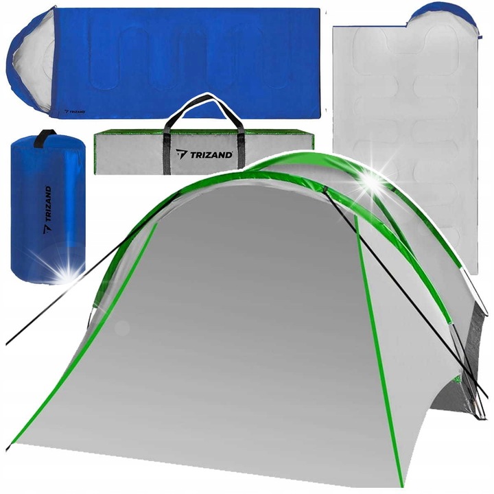 Set cort camping 4 persoane Stator, 320x200cm, sac de dormit 2in1, albastru-negru