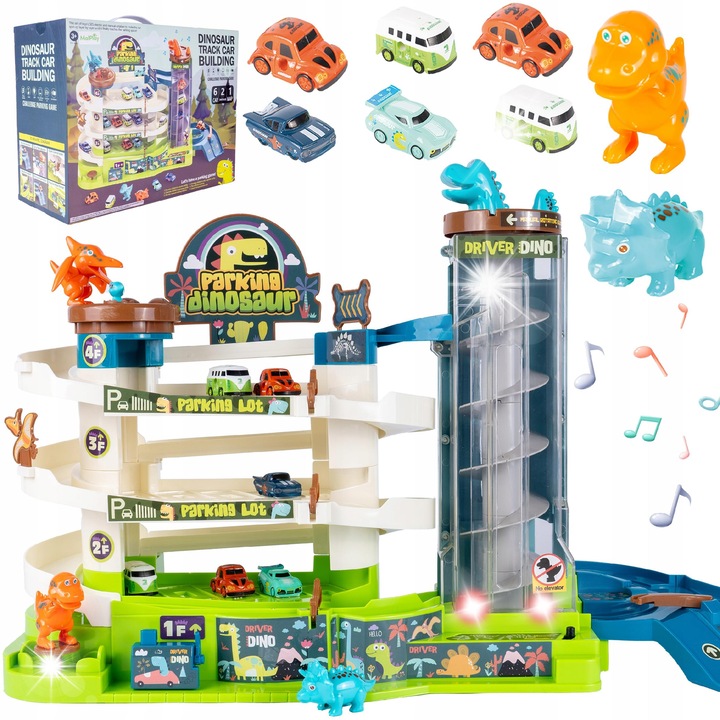 Parcare pentru masinute cu lift, MalPlay, 6 masinute colorate, 2 figurine dinozauri, 57x36x19cm