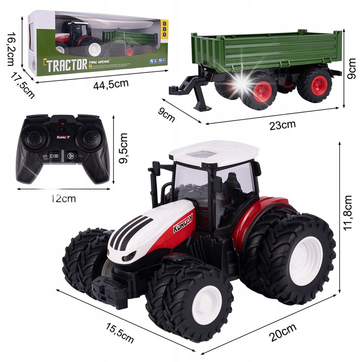 Трактор RC Статор с ремарке, 1:24, функция за зареждане, 42 см, многоцветен