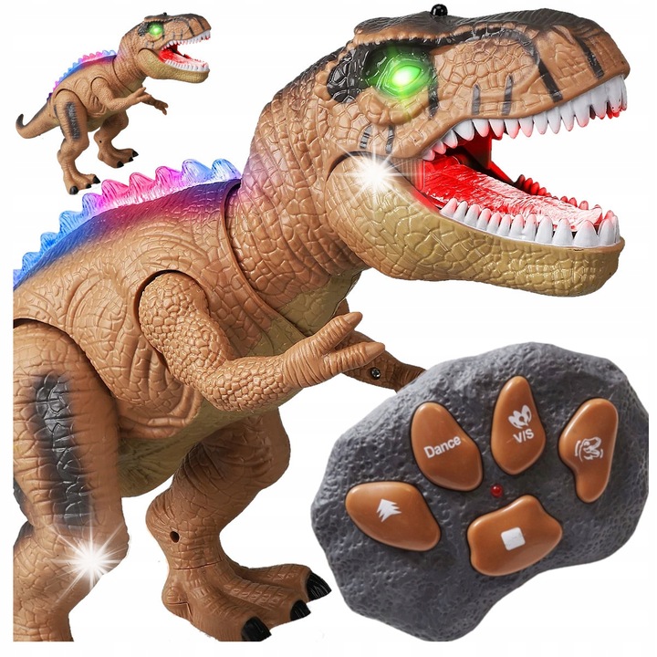 Dinozaur RC Stator Tyranozaur, cu efecte luminoase, misca capul si merge, 44x16x23cm