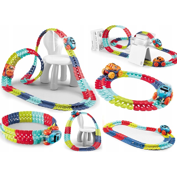 Set circuit auto elastic 320 cm, Stator, 138 elemente, 2 caroserii, iluminare, multicolor