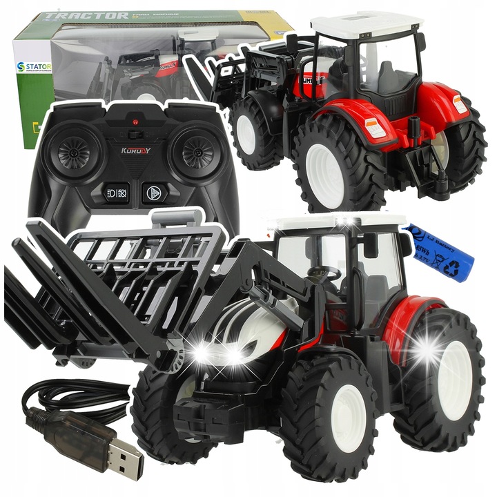 Трактор R/C Stator с товарач, с USB зареждане, 31x10,5x12cm, червен, със светлини и подвижна вилка