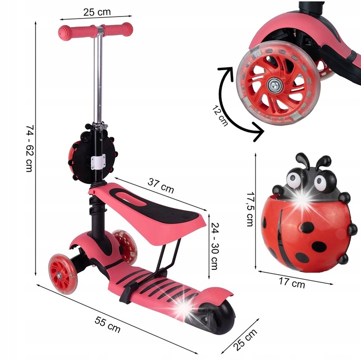 Trotineta pentru copii Stator, 3 roti, cu scaun 2 in 1, roti LED, reglabila 62-74cm, multicolor, 2-8 ani