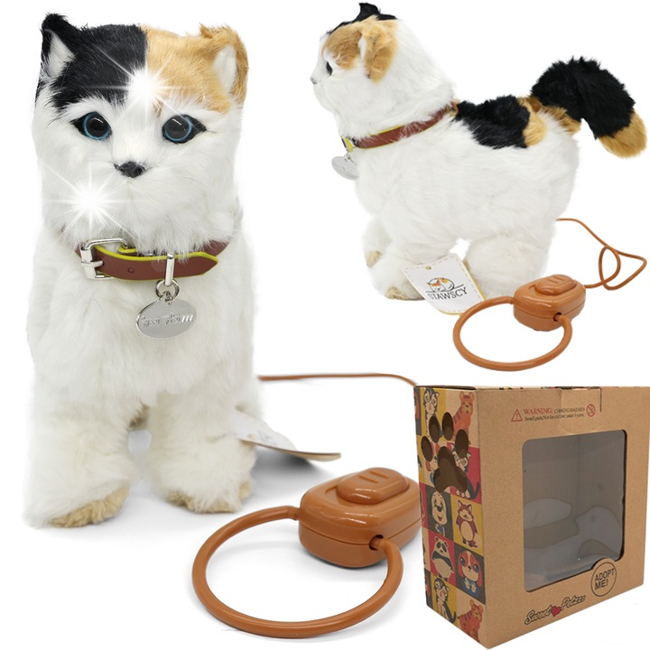 Jucarie interactiva, Stawscy, pisica tricolor, functie de mers si miaunat, 21x20x9cm