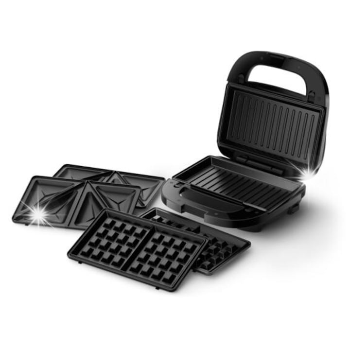 Aparat de preparat panini, gofre si sandvisuri Philips, 3 placi, 750 W, negru, 311x223x69mm
