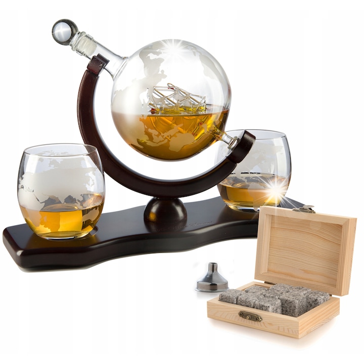 Set carafa glob cu doua pahare si piatra de whisky, MatMay, 25x11cm, 850ml, 8x8cm, 300ml