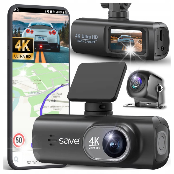 Camera auto DVR Save S-700 4K, camera spate FULL HD, WiFi, ecran tactil, 170° unghi de vedere, set complet