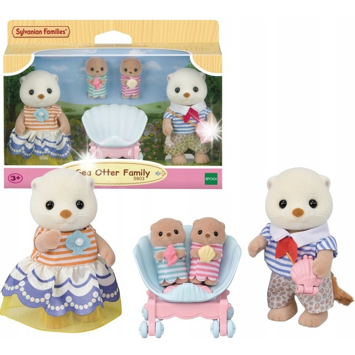 Фигурка Sylvanian Families - Комплект семейство морски видри, 4 фигурки, 7 см, кремаво, бежово