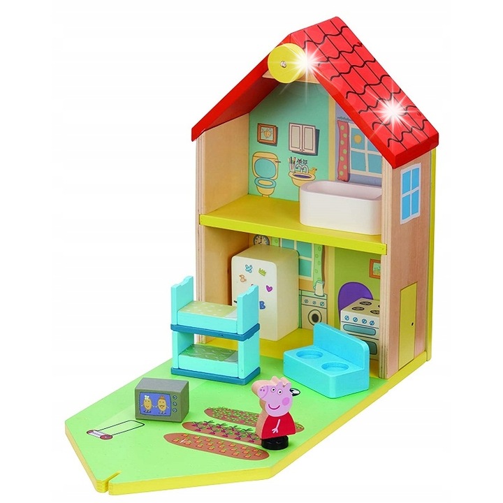 Casuta din lemn Swinka Peppa, set cu figurina, mobilier, galben cu acoperis rosu, 2+ ani