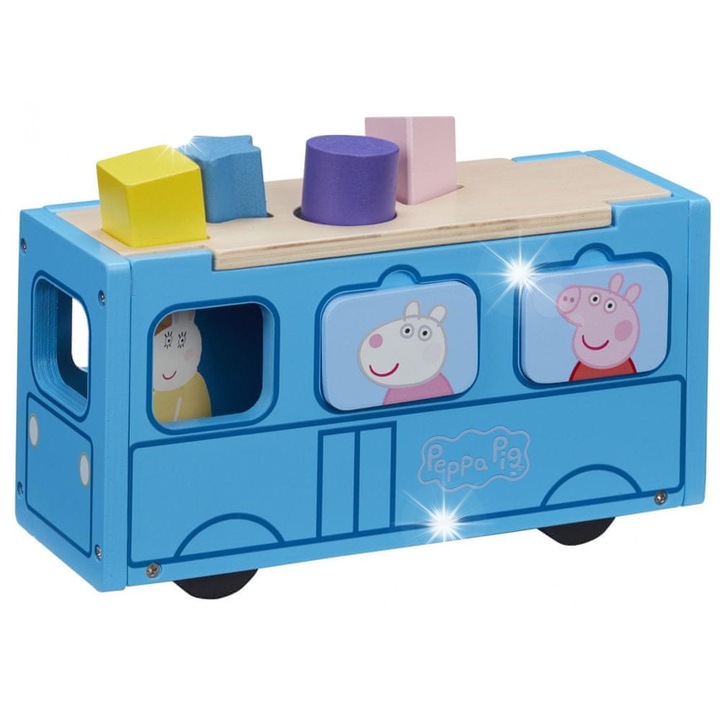 Комплект дървен автобус с фигурка на Пепа Прасе, сортер за форми, многоцветен, 16,5x25x10см