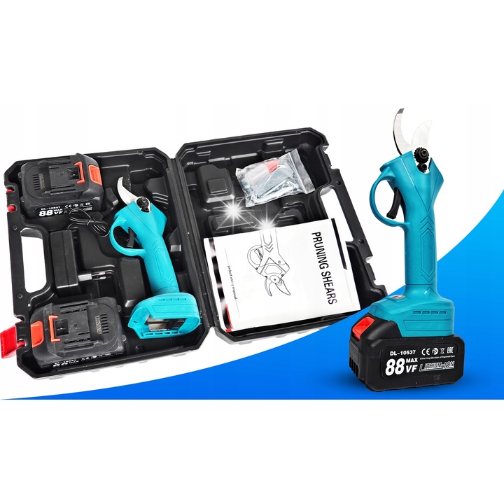 Foarfeca electrica pentru gradinarit, totalstore, 48V, 2 acumulatori 3000mAh, 25x30mm, albastru-negru, set complet