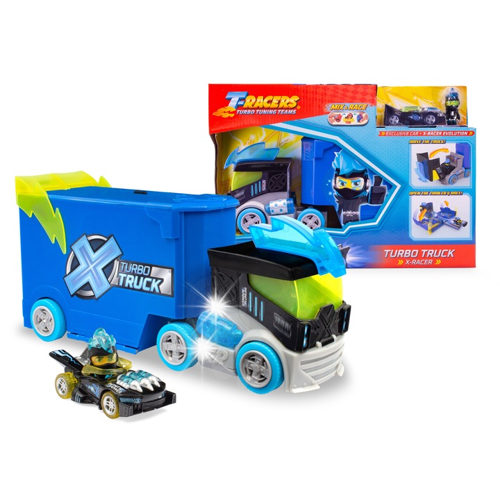Masinuta T-Racers Turbo Truck X-Racer szett, kék, 4 pótkerék, exkluzív sofőr