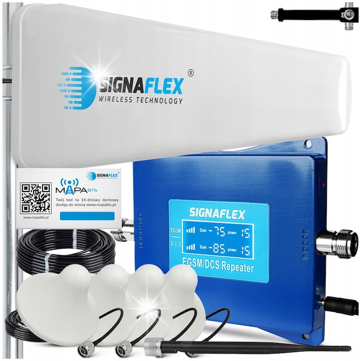 Amplificator semnal internet EGSM DCS 4G LTE 2000m², Signaflex, antena directionala 20 dBi, 3 antene interne, cablu 10m