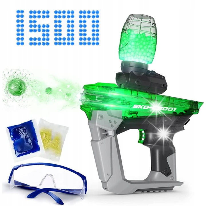 Pistol de jucarie, Gel Blaster CS-001, verde, set complet cu 1000 bile, 500 bile luminoase, 15 tiruri/secunda, 30m raza de actiune