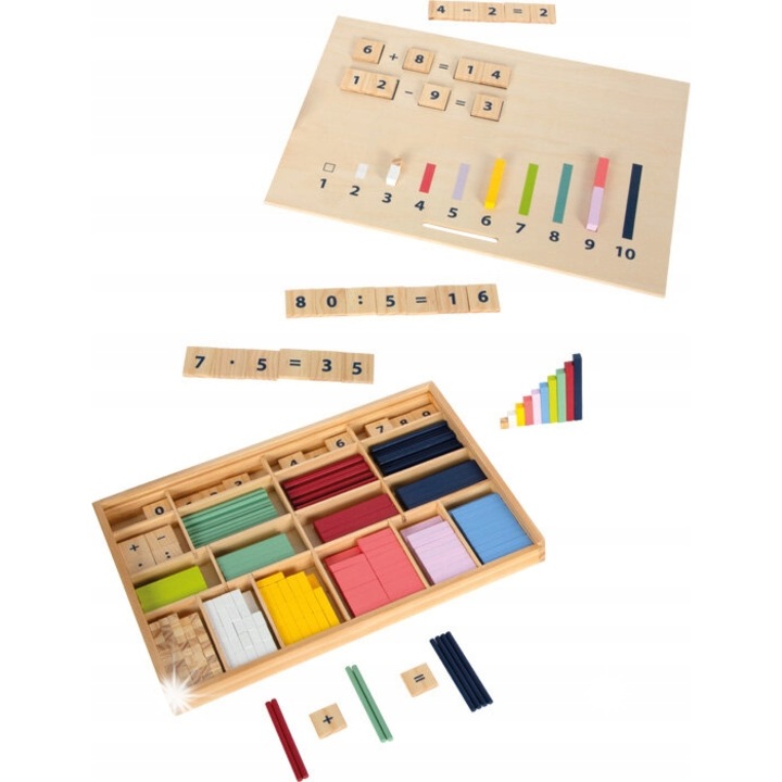 Set educativ din lemn pentru invatarea numerelor, Small Foot, inclusiv bastonase de numarat si cifre, multicolor, 30x20cm