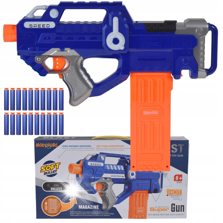 Carabina electrica pentru copii, Skleplolki, 43cm, Eco-ABS, cu sunete, set cu proiectile moi