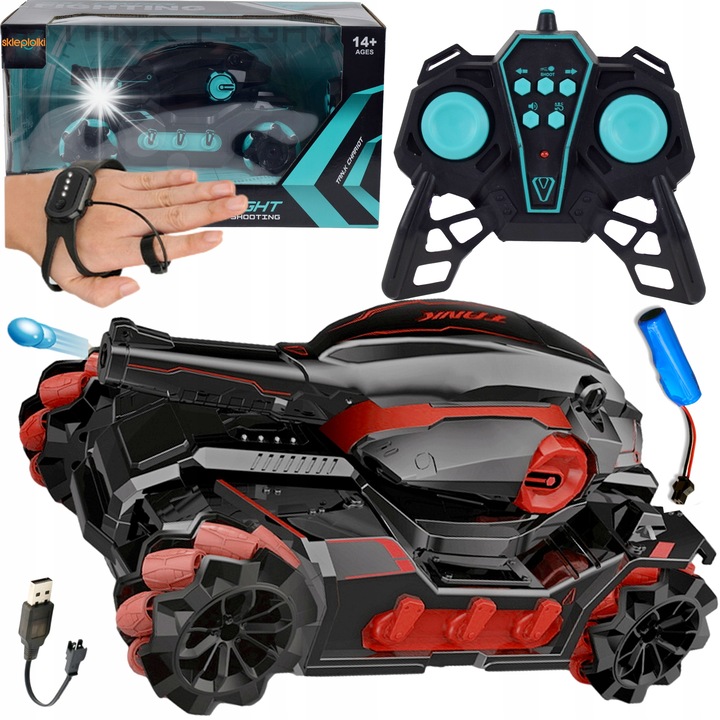 Tanc RC 4x4 cu arma rotativa, Skleplolki, control gestual si prin telecomanda, negru-maro, 28x17,5x14cm