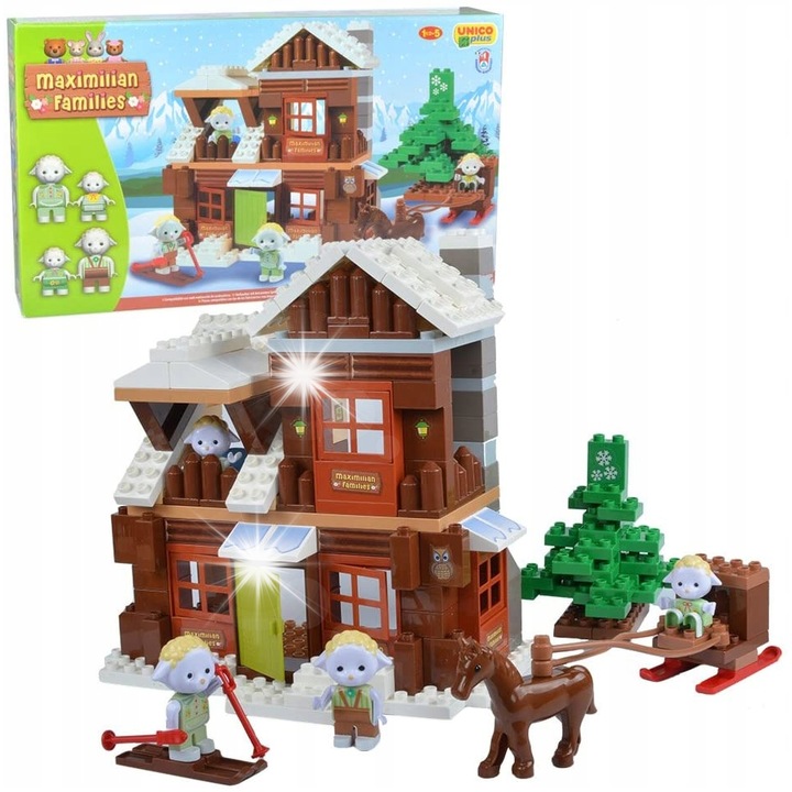 Set de constructie UNICO, hotel schi montan, 203 elemente, multicolor, pentru copii 1 1/2 - 5 ani