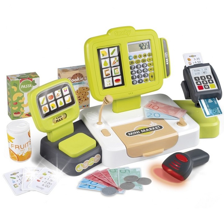 Szett játékszupermarket, Smoby, elektronikus pénztárgép számológéppel, szkennerrel, 30 kiegészítővel, többszínű