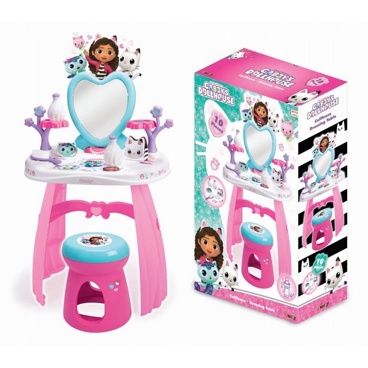 Тоалетна за момиченца Smoby, Габи със стол, с табуретка и 10 аксесоара, розова, 48x29x86см