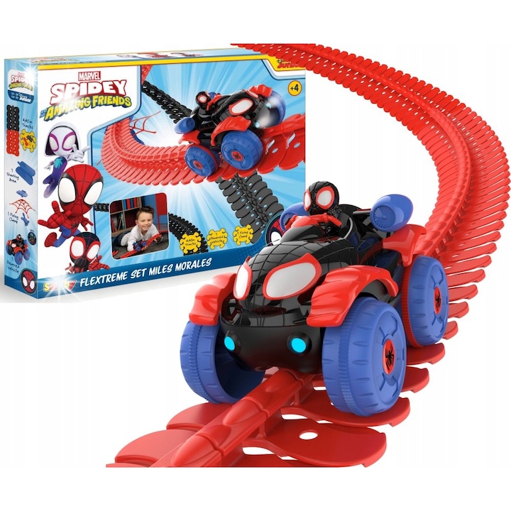 Set pista de curse Smoby Flextreme Spidey, 4,4m, cu masinuta Miles Morales, 184 elemente