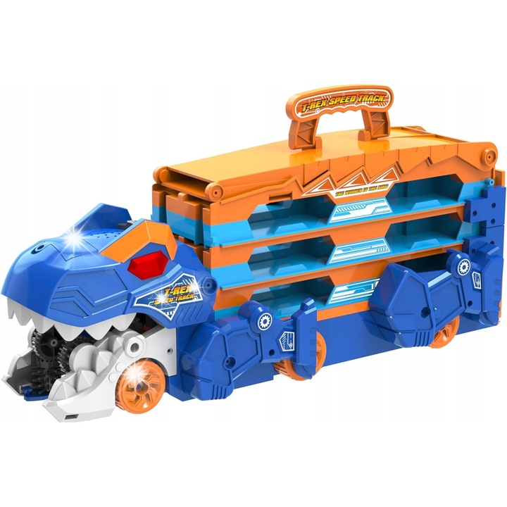 Camion de transport cu dinozauri, set 2 in 1, 8 masinute de curse, rosu, 44x20x14cm