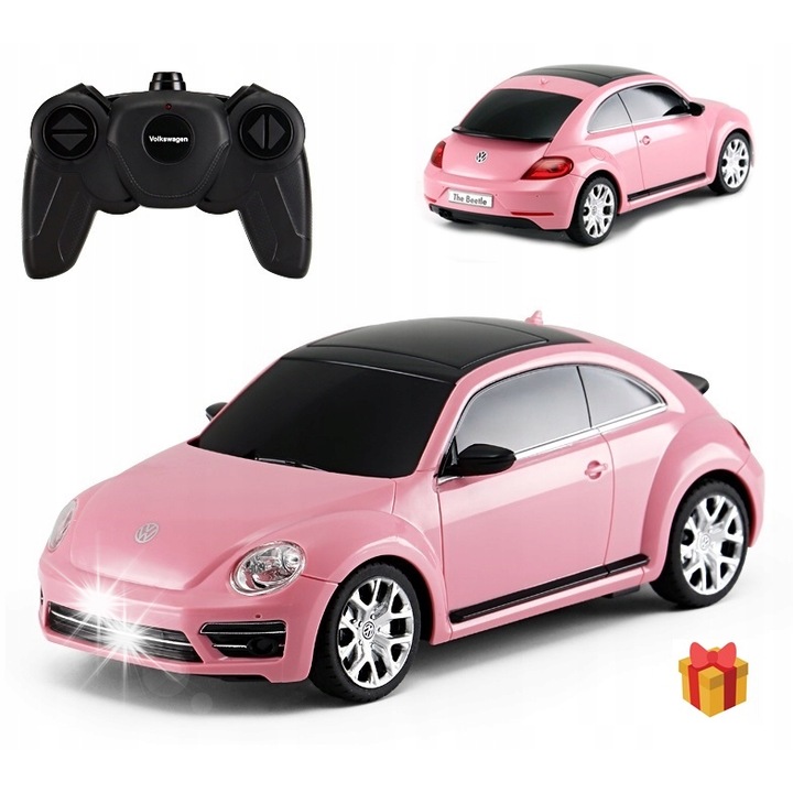 R/C Volkswagen Beetle autó, rózsaszín, 17,5x8,5x6cm, lengéscsillapítókkal és gumikerekekkel, komplett készlet
