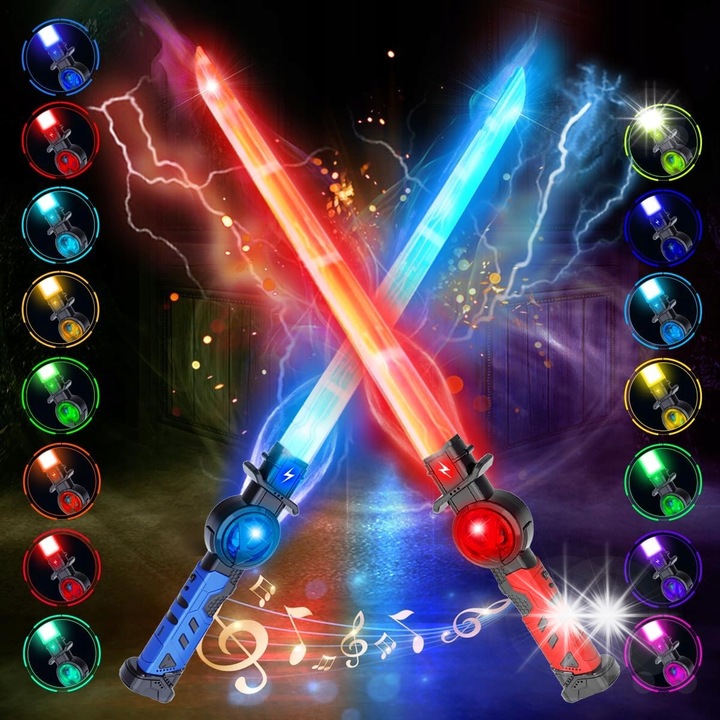Set 2 sabii luminoase RGB cu sunet, VATOS, 15 culori