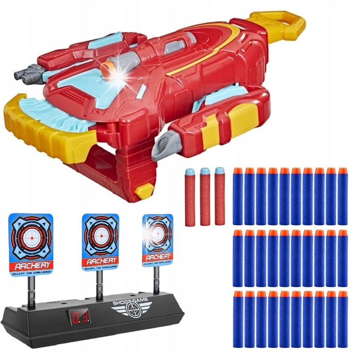 Пистолет Nerf Отмъстителите Механичен удар Железния човек, комплект с 3 стрелички + 30 резервни стрелички, електронна мишена