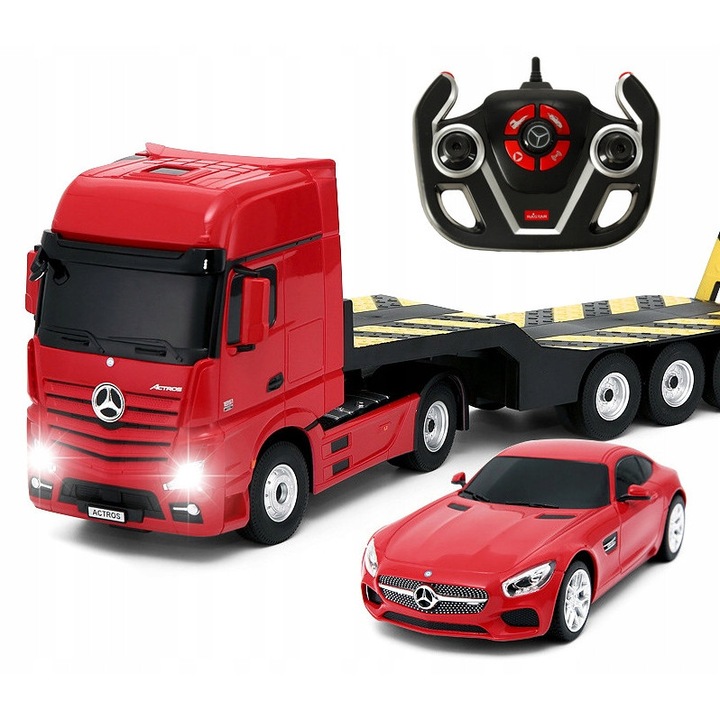 Set 2 in 1 Mercedes-Benz Actros cu laweta si Mercedes AMG GT3, 1:24, 2WD, dimensiuni 65x10x16cm, culori multicolore