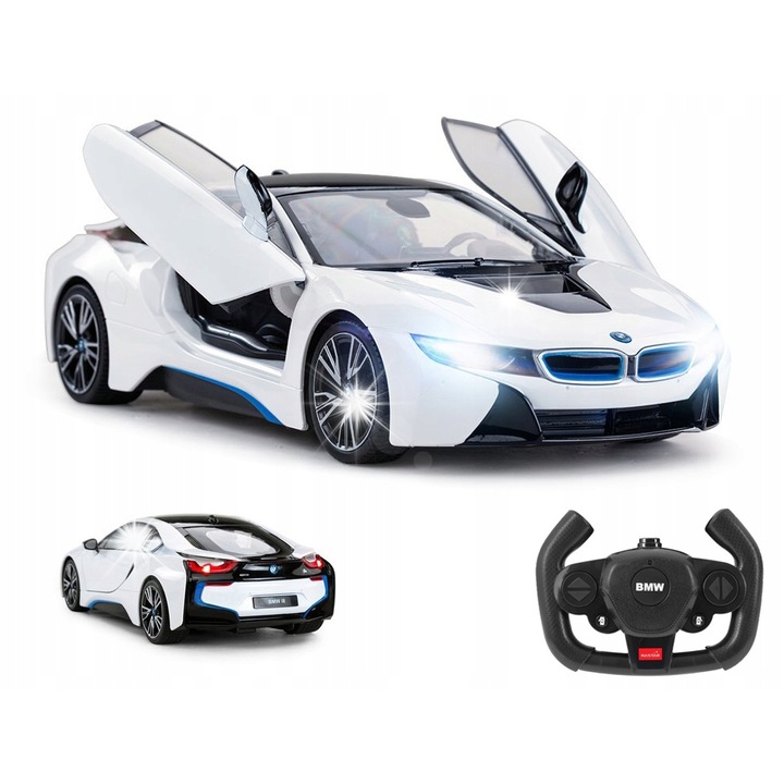 Masinuta Rastar BMW i8 1:14, alb, usi deschise de la distanta, lumini LED