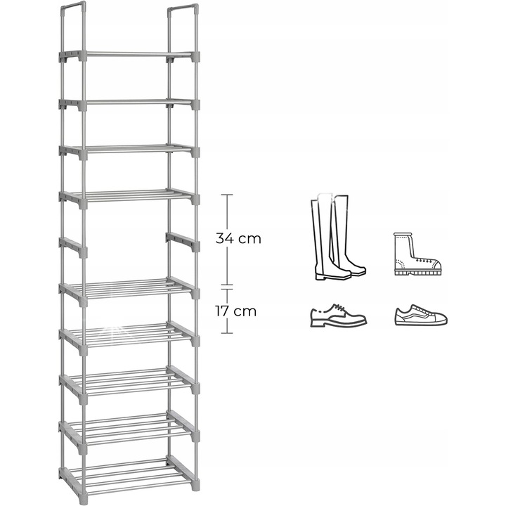 Cipőtartó állvány, Songmics, 10 szintes, szürke, 45x30x174cm