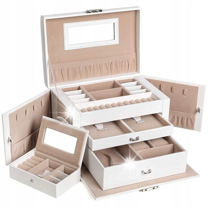 Cutie bijuterii Songmics, 2 sertare, 2 compartimente pentru coliere, alb, 26x17x18cm