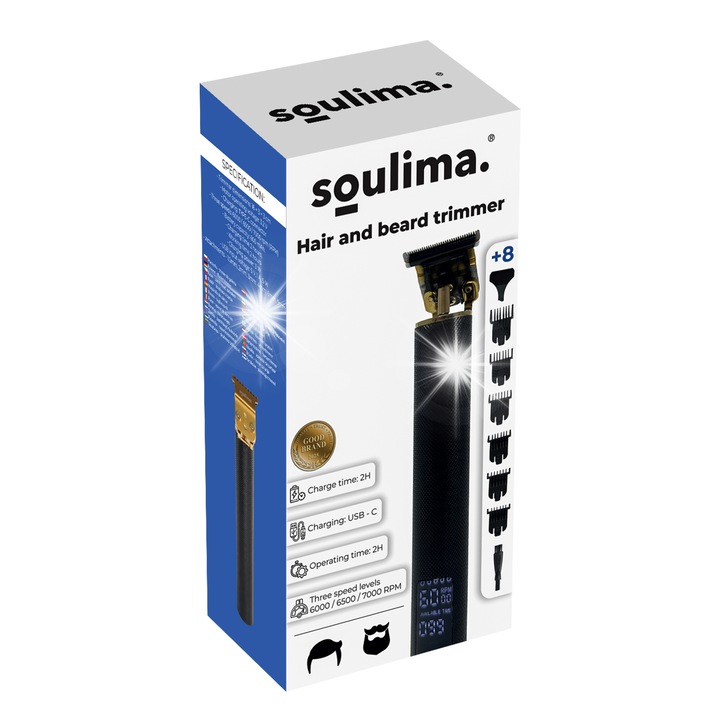 Masina de tuns si trimare pentru par si barba, SOULIMA, set XXL, 6 capete, negru, 16cm