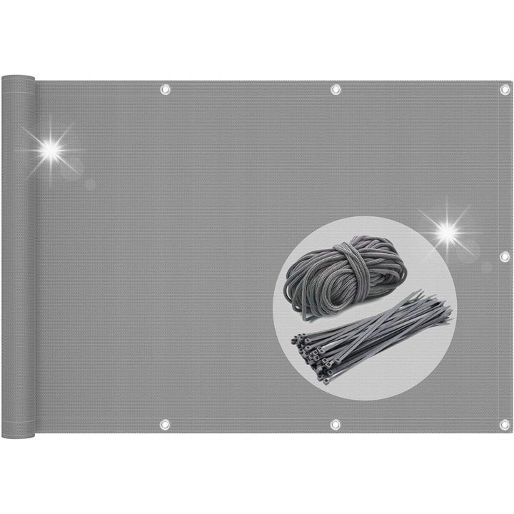 Plasa pentru balcon, Vounot, 90x600cm, gri, Polietilena, protectie UV, set cu 50 de cleme si sfoara 12m