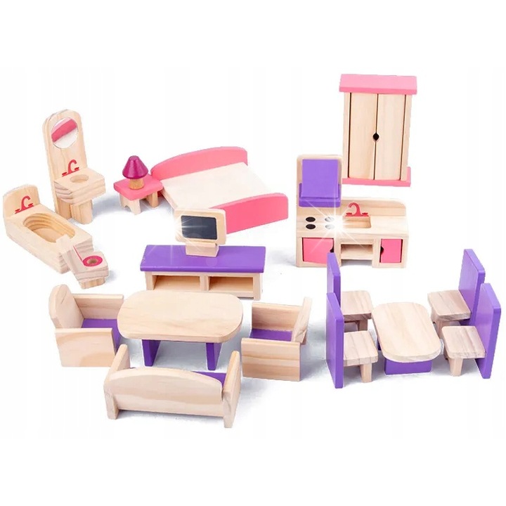 Set de Mebeli din Lemn pentru Casa de Papusi, RECREO, 19 Elemente, Culori Roz si Violet