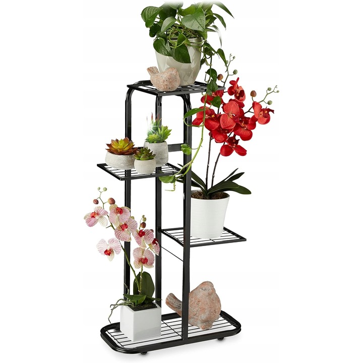 Suport pentru flori Relaxdays, metalic, 4 niveluri, 81x44x24,5cm, negru