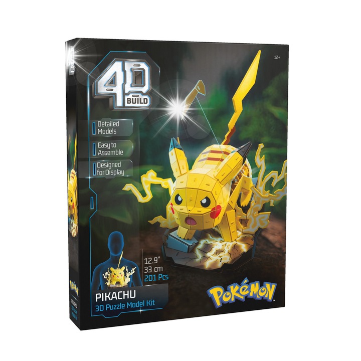 Set de constructie 4D Pokemon Pikachu, Spin Master, 201 piese, 21.6x33cm