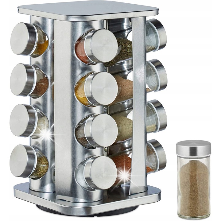 Suport rotativ pentru Condimente, Relaxdays, 16 recipiente, inox, argintiu, 27,5x19,5x19,5 cm