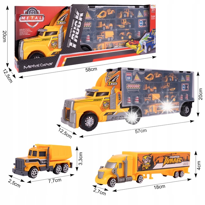 Комплект камион с ремарке 57см, Stator, с 6 метални строителни превозни средства