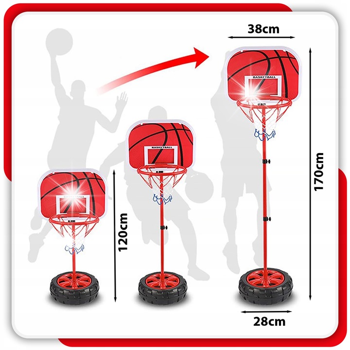 Gyermek kosárlabda szett, Stator, állítható kosár 120-170cm, labda, pumpa, többszínű