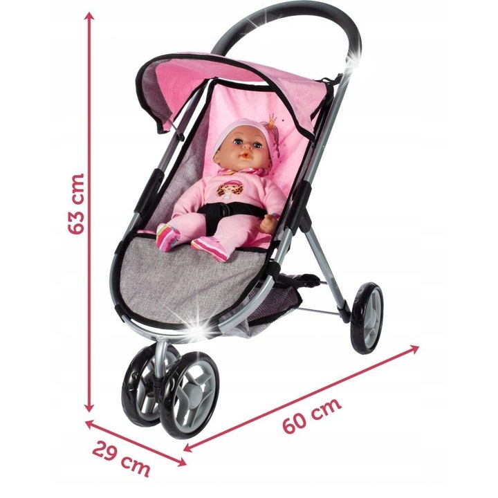Carucior pentru papusi Stator, model cu copertina, usor, pliabil, 63x29x60cm, roti de 13cm