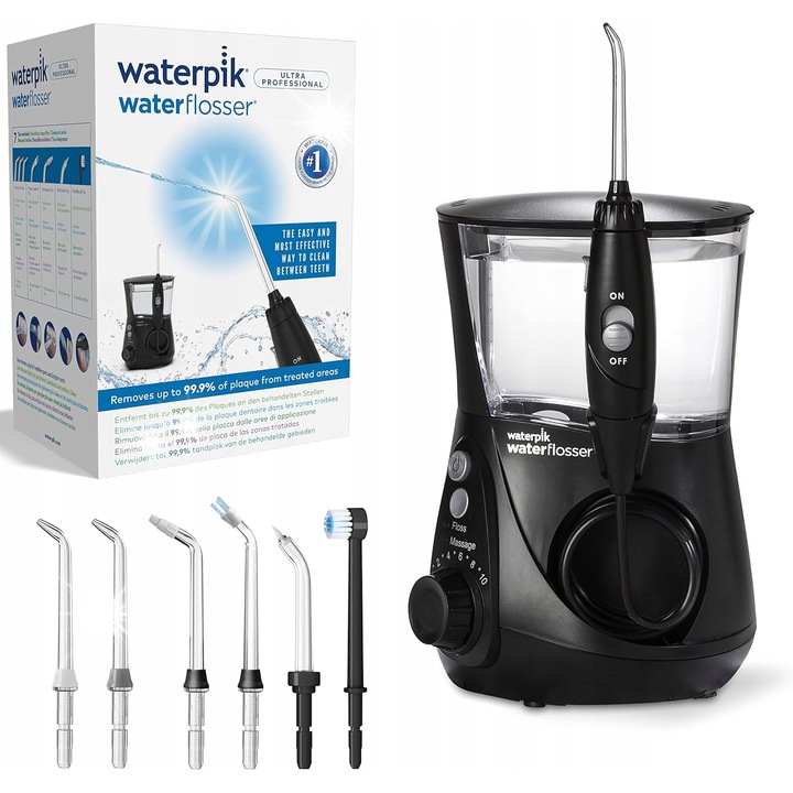 Орален иригатор Waterpik WP-660, 7 накрайника, усъвършенстван контрол на налягането, черен, 600 мл