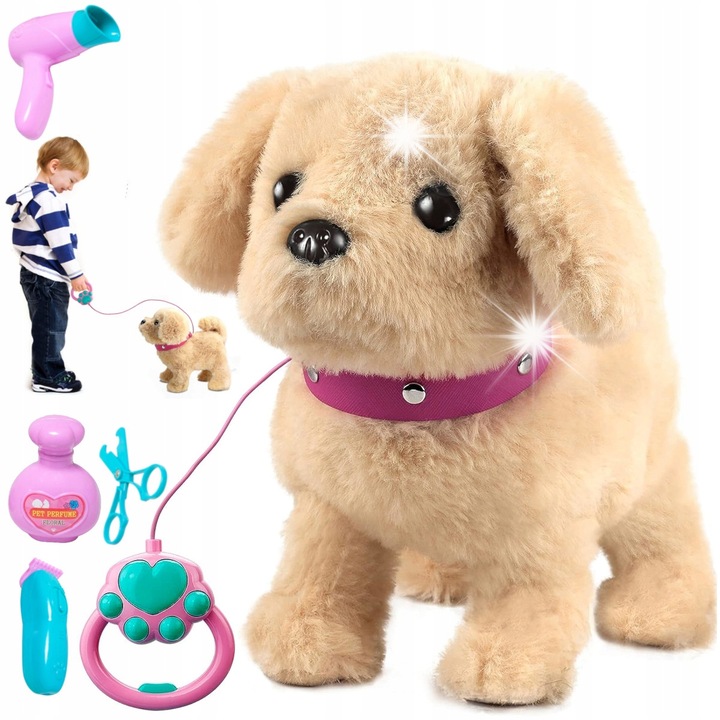 Interaktív kutya kiegészítőkkel, Stator, 23x14x22cm, kefével, ollóval, szárítóval, nyakörvvel, pórázzal