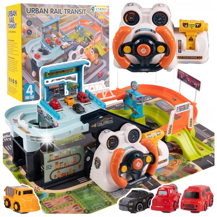 Set interactiv cu pista, Stator, 4 masinute, grafica colorata, dimensiuni 49,5x31,5x22,5cm