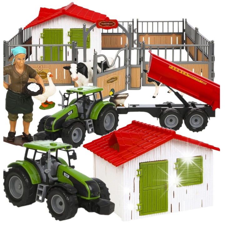 Комплект ферма с животни, Stator, 51 елемента, трактор с ремарке, многоцветен, 43x29x14см