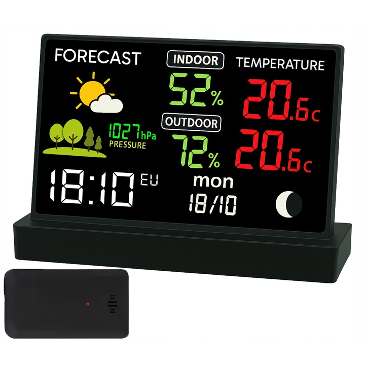 Statie meteorologica, Retoo, termometru, higrometru, barometru, negru, 15,5x11,2x5 cm, set cu senzor extern